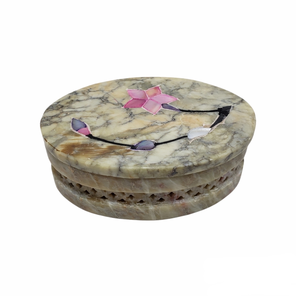 Soap Stone Floral Inlay Trinket Box Oval